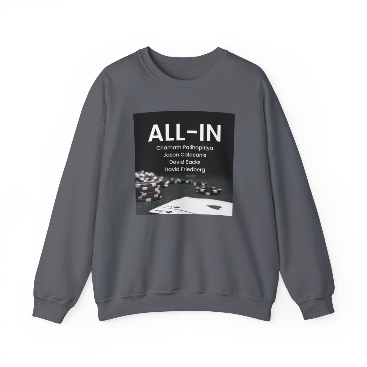 All In Podcast Poker Chips Crewneck Sweatshirt | Card Game Graphic - alternate angle 3, merchandise