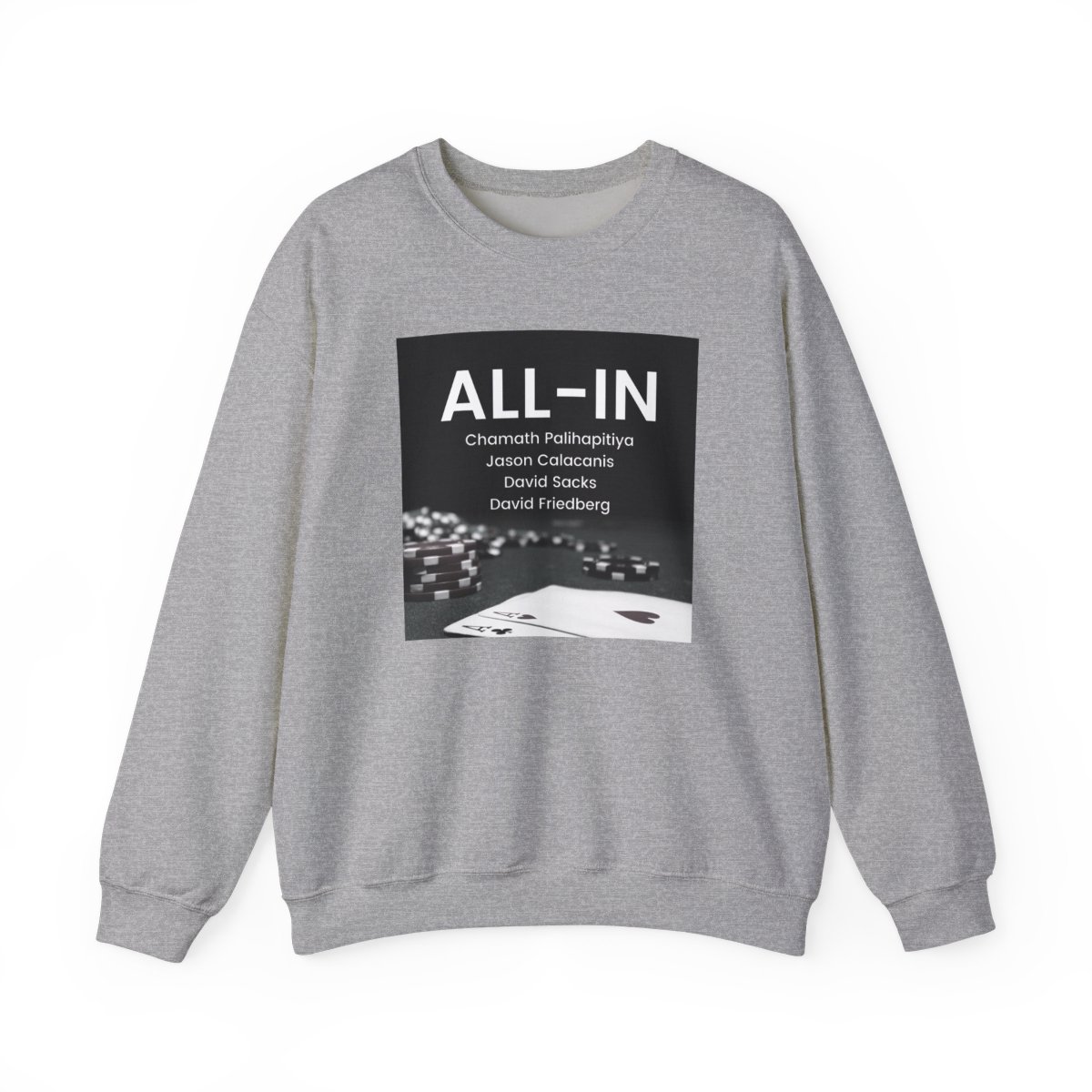 All In Podcast Poker Chips Crewneck Sweatshirt | Card Game Graphic - alternate angle 4, merchandise