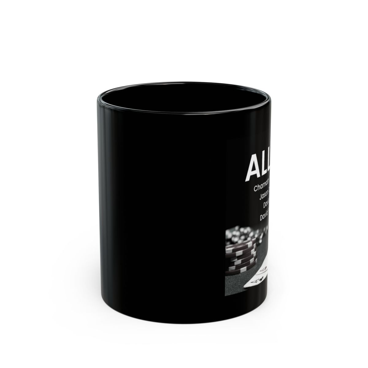 All In Podcast Poker Chips and Cards Mug | Black Ceramic Mug - alternate angle 1, merchandise